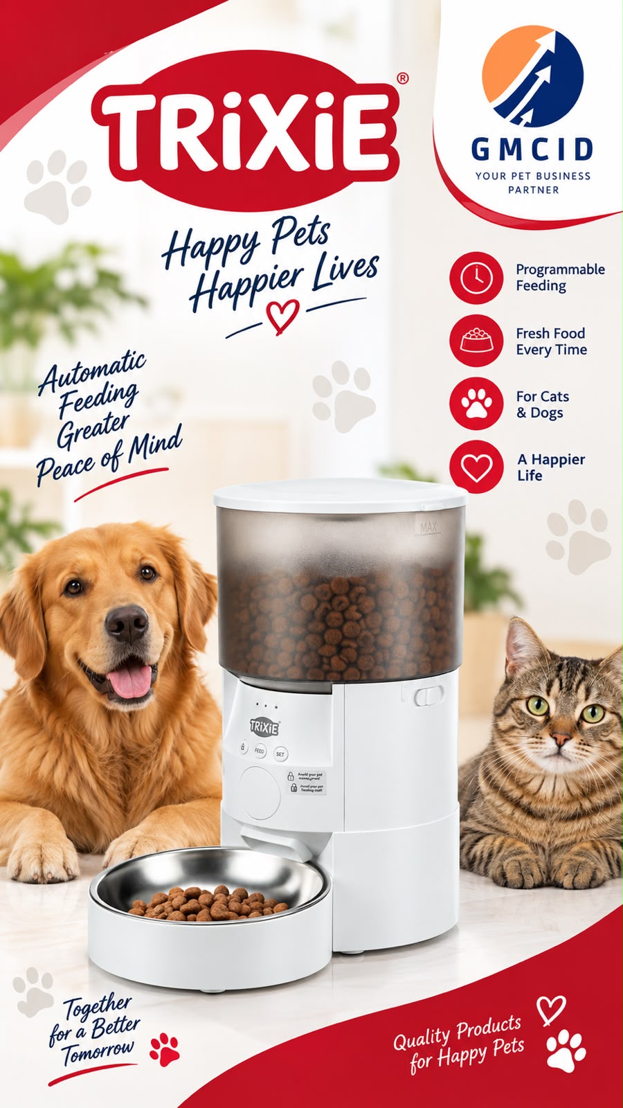 Distributeur automatique programmable TRIXIE blanc avec réservoir à croquettes et bol, pour chiens et chats