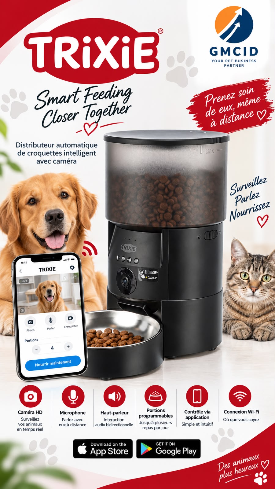 Distributeur intelligent TRIXIE noir avec caméra HD, micro, haut-parleur, Wi-Fi, application mobile pour chien et chat